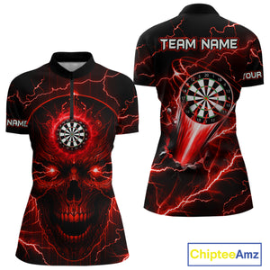 Personalized Red Darts Skull Shirt For Women Custom Polo & 1/4 Zip Lightning Thunder Darts Jersey TDM4621