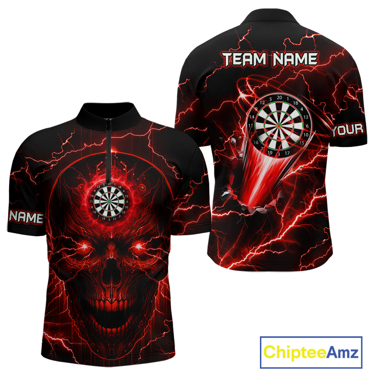 Personalized Red Darts Skull Shirt For Men Custom Polo & 1/4 Zip Lightning Thunder Darts Jersey TDM4621