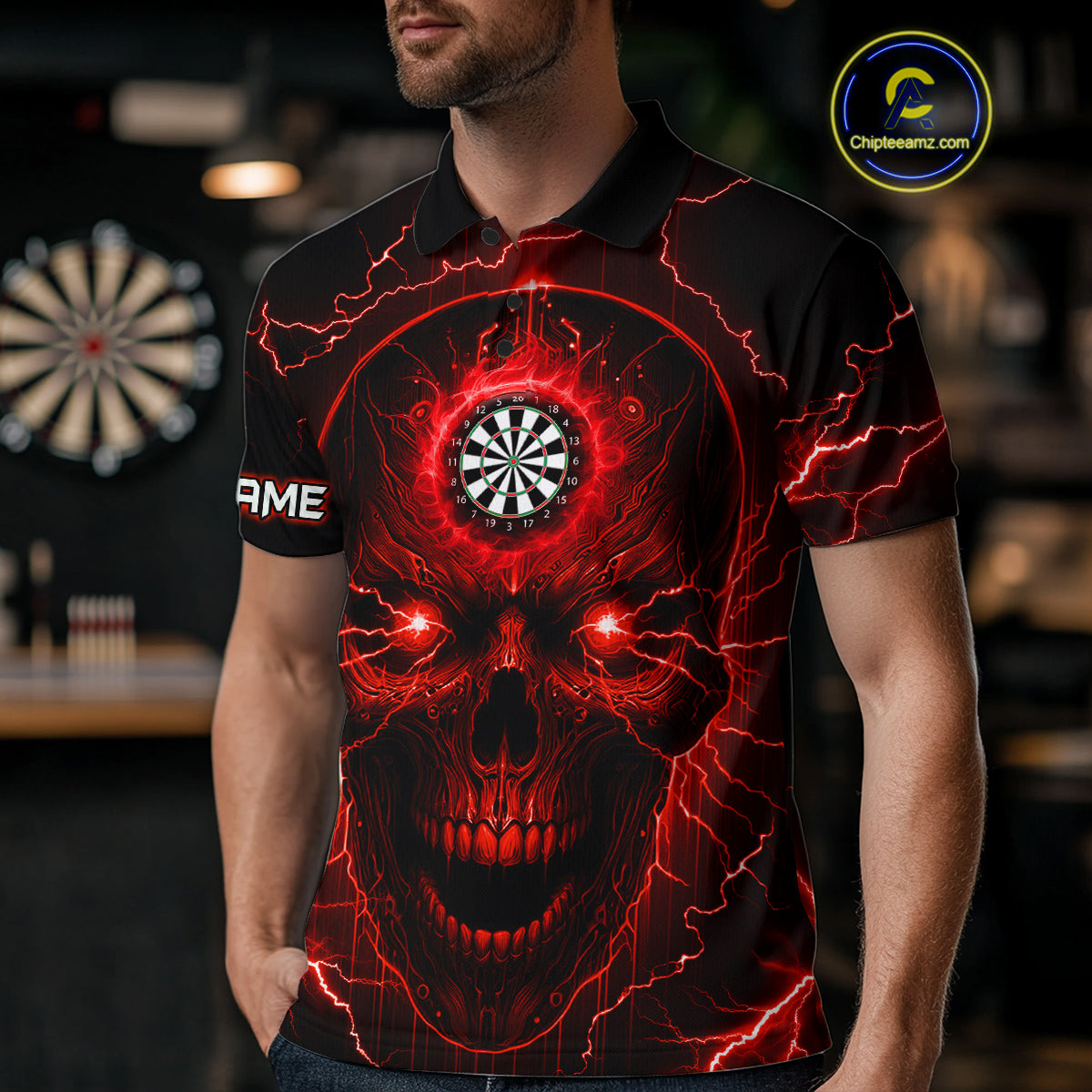 Personalized Red Darts Skull Shirt For Men Custom Polo & 1/4 Zip Lightning Thunder Darts Jersey TDM4621