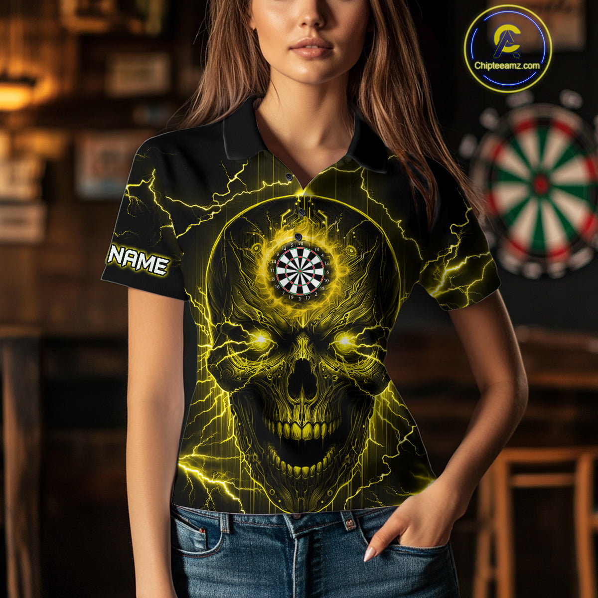 Personalized Yellow Darts Skull Shirt For Women Custom Polo & 1/4 Zip Lightning Thunder Darts Jersey TDM4622