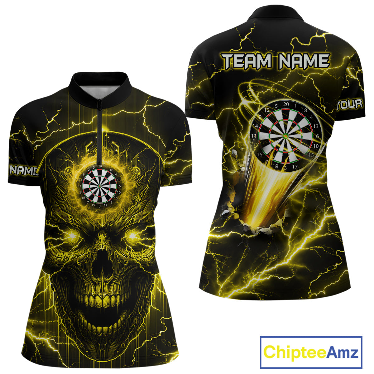 Personalized Yellow Darts Skull Shirt For Women Custom Polo & 1/4 Zip Lightning Thunder Darts Jersey TDM4622