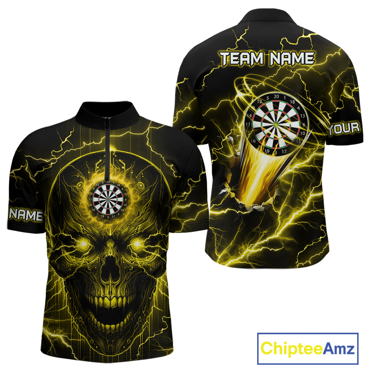 Personalized Yellow Darts Skull Shirt For Men Custom Polo & 1/4 Zip Lightning Thunder Darts Jersey TDM4622