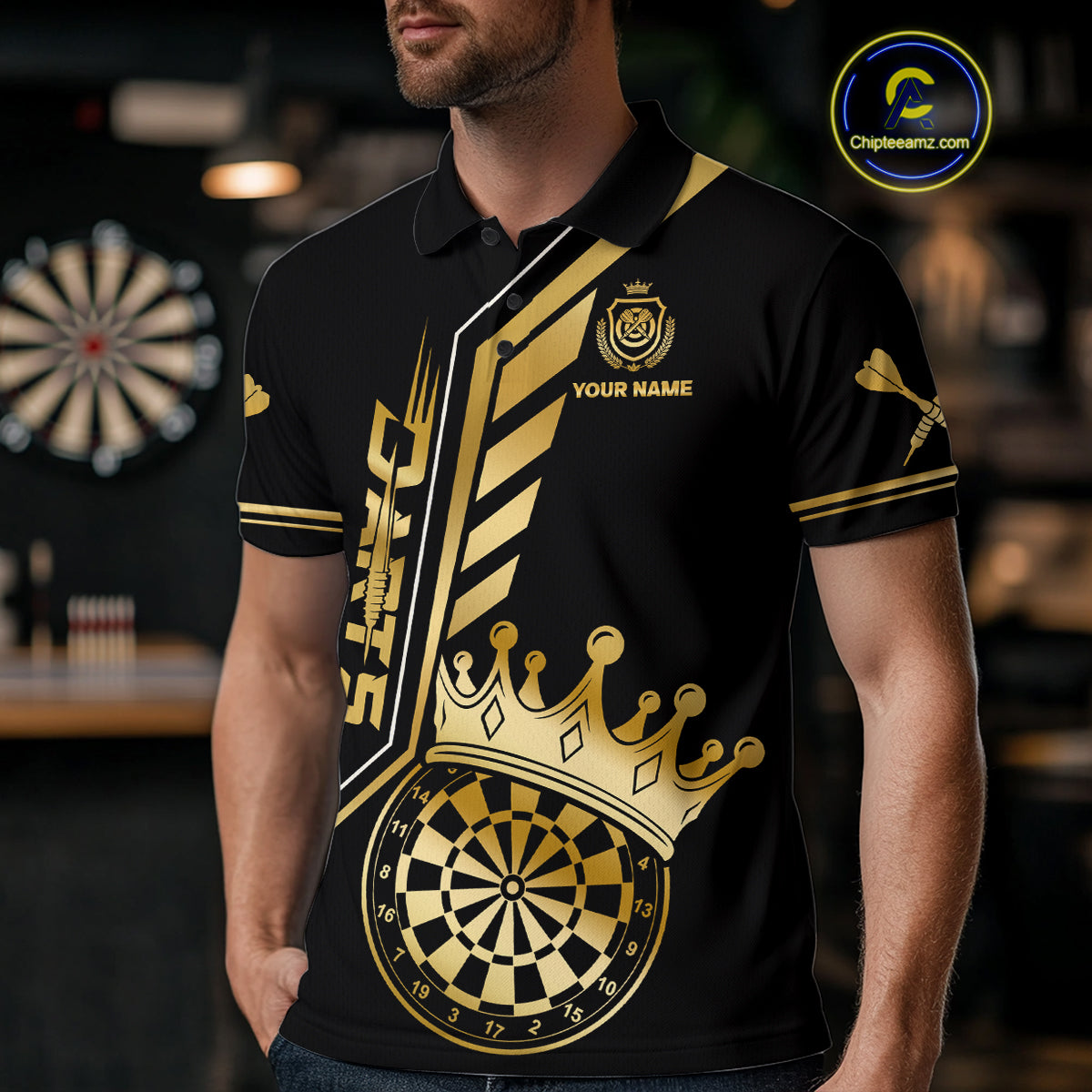 Black And Golden Funny Crown Darts Shirt Polo & 1/4 Zip For Men Custom Darts League Team Jersey TDM4821