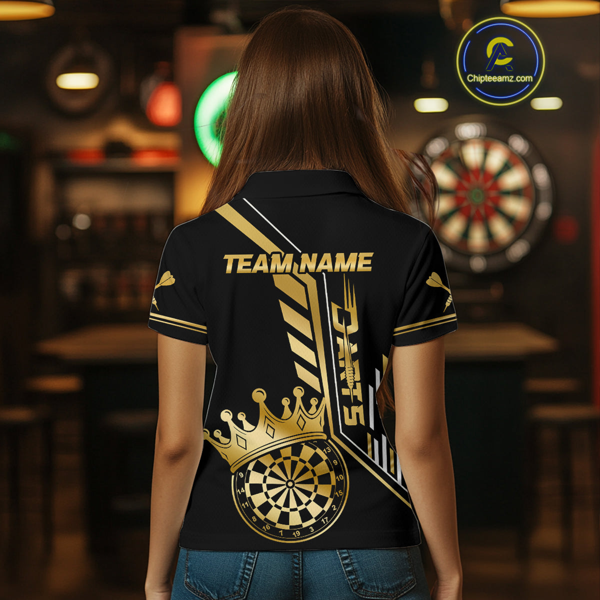 Black And Golden Funny Crown Darts Shirt Polo & 1/4 Zip For Women Custom Darts League Team Jersey TDM4821