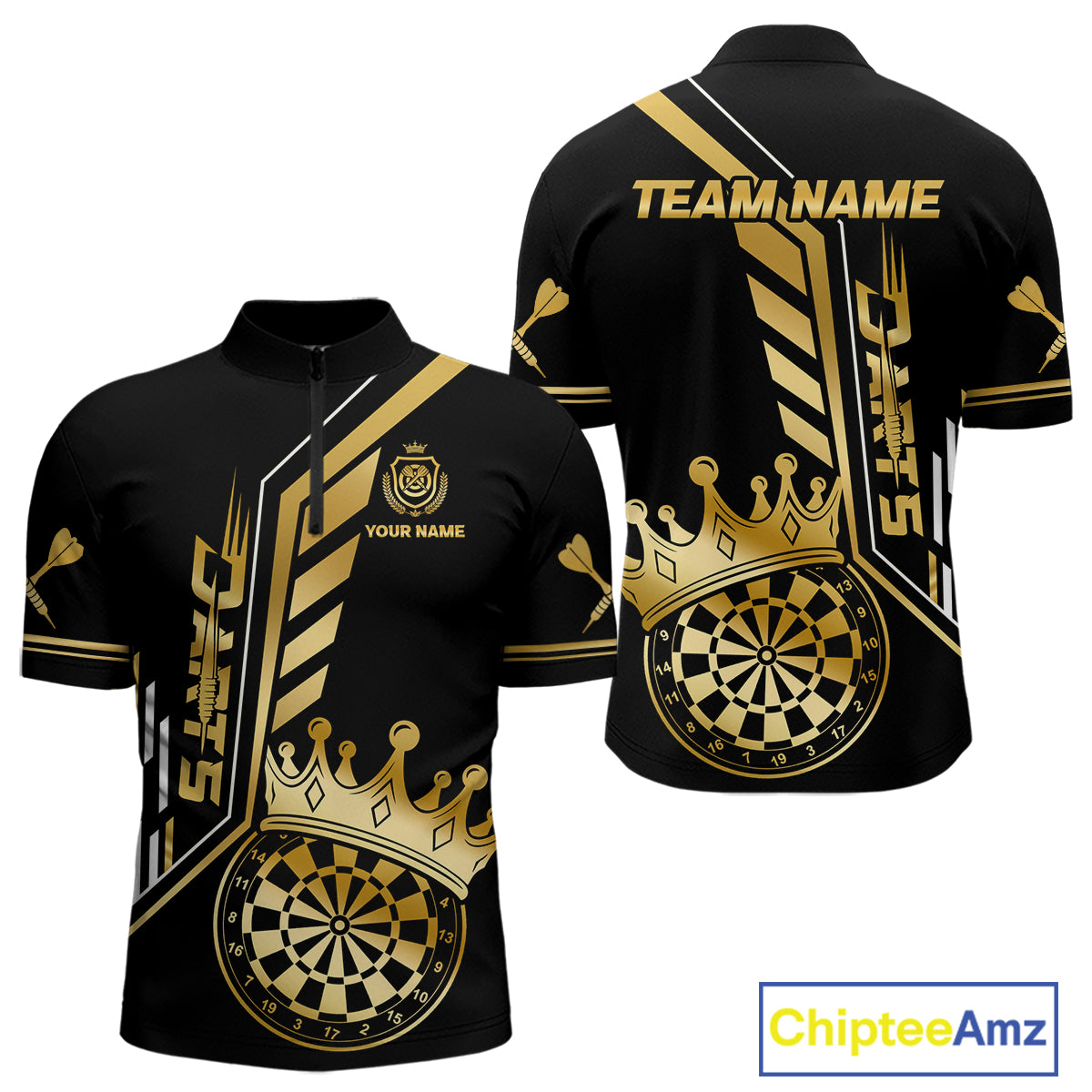 Black And Golden Funny Crown Darts Shirt Polo & 1/4 Zip For Men Custom Darts League Team Jersey TDM4821
