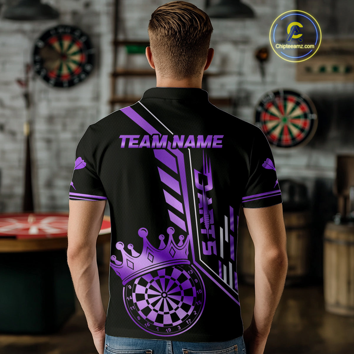 Black And Purple Funny Crown Darts Shirt Polo & 1/4 Zip For Men Custom Darts League Team Jersey TDM4822