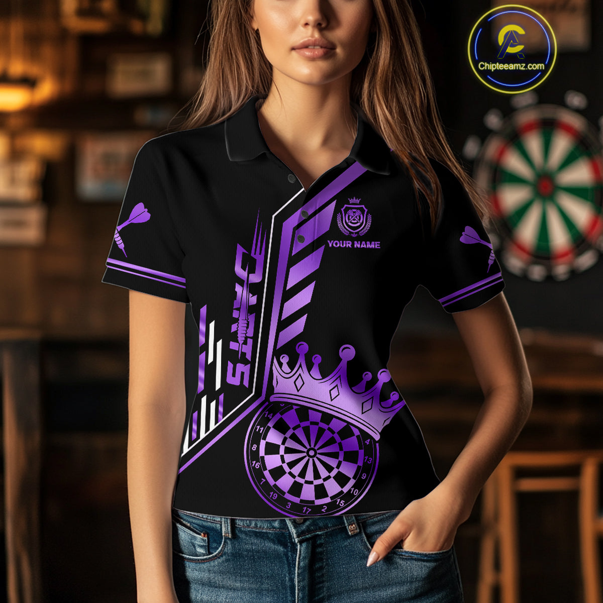 Black And Purple Funny Crown Darts Shirt Polo & 1/4 Zip For Women Custom Darts League Team Jersey TDM4822