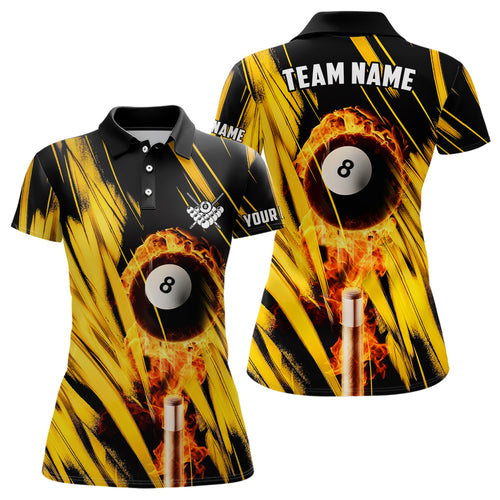 Billiard Ball Fire Custom Black Yellow Women Polo Shirts Best Billiard Attire For Player TDM0393