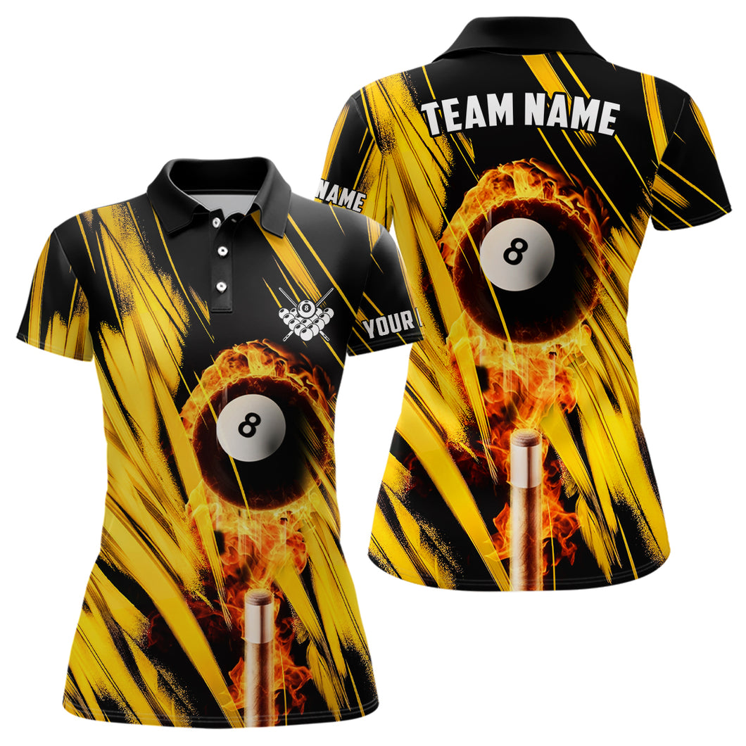 Billiard Ball Fire Custom Black Yellow Women Polo Shirts Best Billiard Attire For Player TDM0393