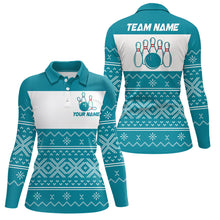 Load image into Gallery viewer, Ugly Christmas pattern bowling shirts for women Custom Xmas Team Bowling Jerseys | Cyan Blue NQS8971