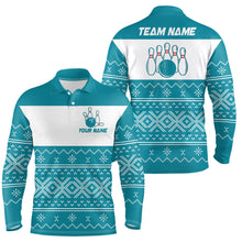 Load image into Gallery viewer, Ugly Christmas pattern bowling shirts for Men Custom Xmas Team Bowling Jerseys | Cyan Blue NQS8971