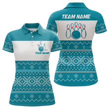 Load image into Gallery viewer, Ugly Christmas pattern bowling shirts for women Custom Xmas Team Bowling Jerseys | Cyan Blue NQS8971