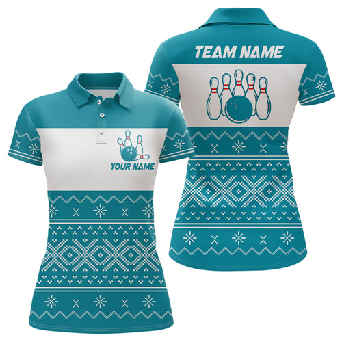 Ugly Christmas pattern bowling shirts for women Custom Xmas Team Bowling Jerseys | Cyan Blue NQS8971