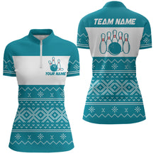 Load image into Gallery viewer, Ugly Christmas pattern bowling shirts for women Custom Xmas Team Bowling Jerseys | Cyan Blue NQS8971