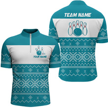 Load image into Gallery viewer, Ugly Christmas pattern bowling shirts for Men Custom Xmas Team Bowling Jerseys | Cyan Blue NQS8971