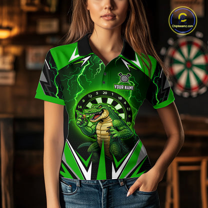 Green Funny Alligator Darts Shirt For Women Custom Lightning Darts Team Jersey Polo & 1/4 Zip TDM5966
