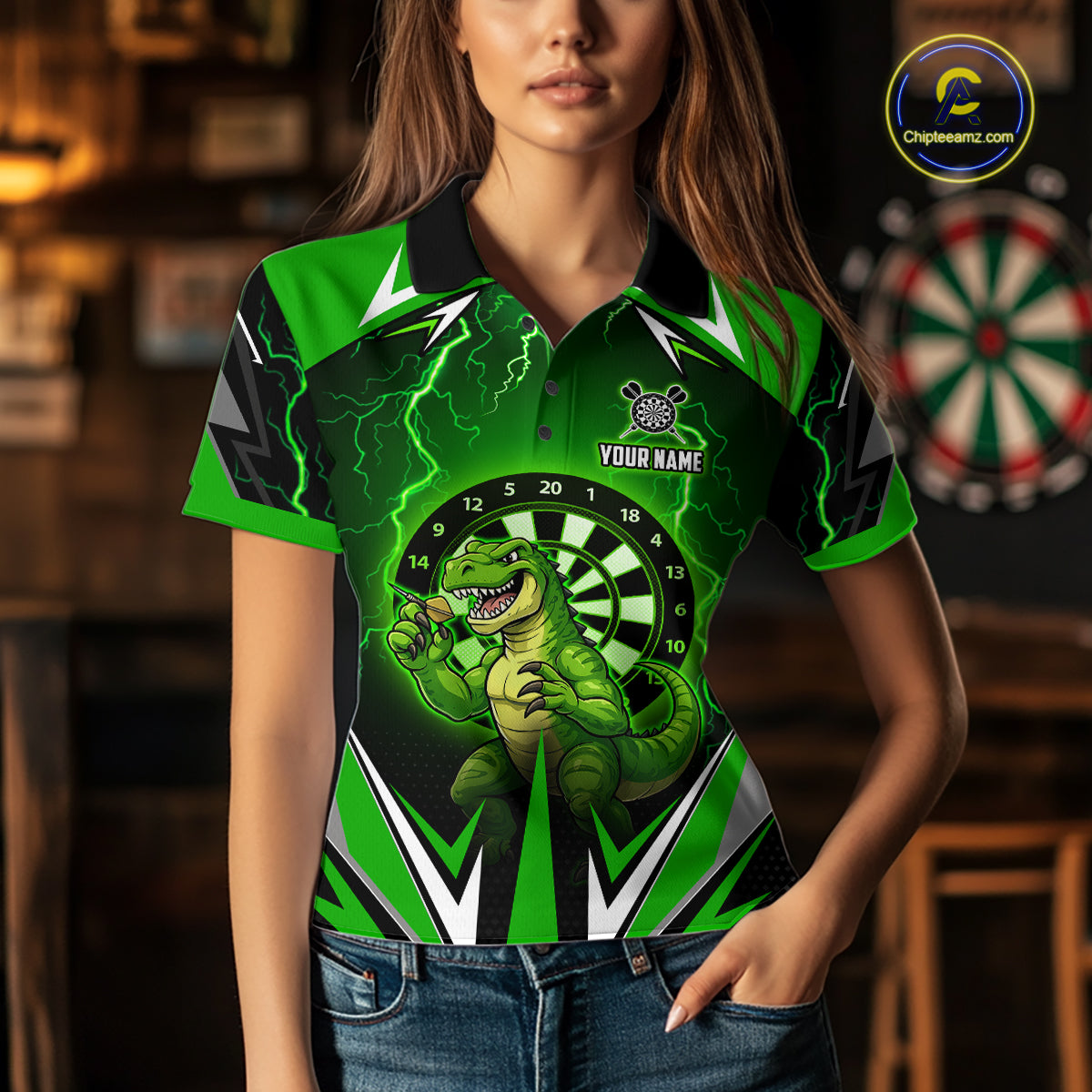 Green Funny Sauropod Darts Shirt For Women Custom Lightning Darts Team Jersey Polo & 1/4 Zip TDM5967