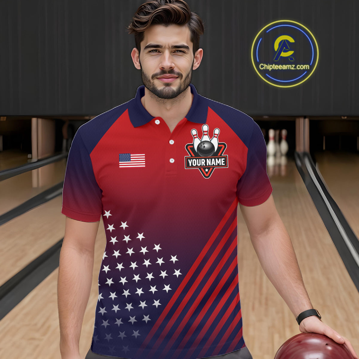 American Flag Bowling Jersey For Men Custom Patriotic Bowling Shirt Team Polo & 1/4 Zip |Red TDM5970