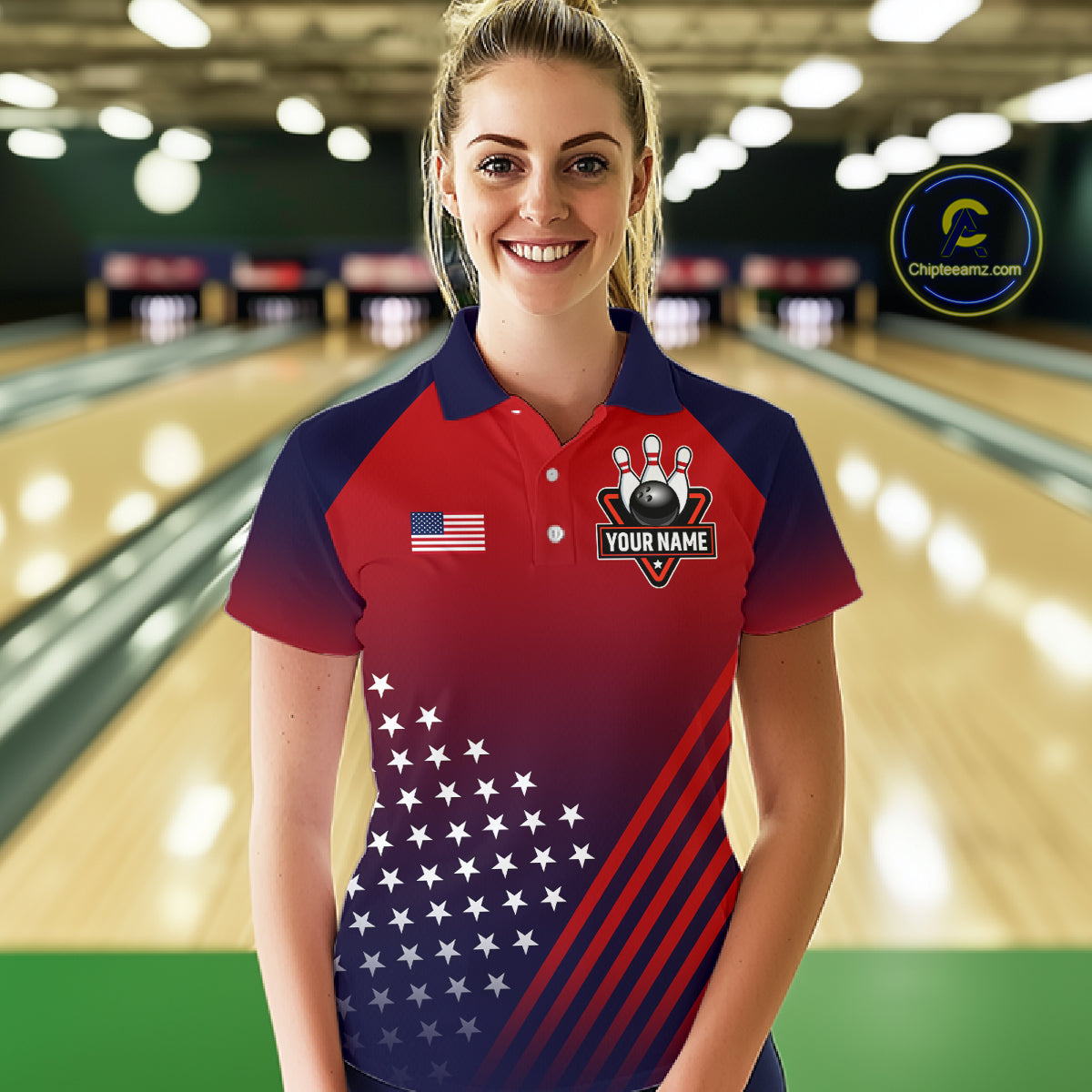American Flag Bowling Jersey For Women Custom Patriotic Bowling Shirt Team Polo & 1/4 Zip |Red TDM5970