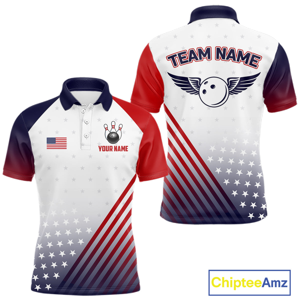 American Flag Bowling Jersey For Men Custom Patriotic Bowling Shirt Team Polo & 1/4 Zip |White TDM5971