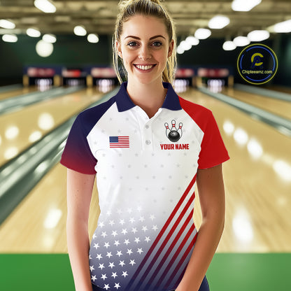 American Flag Bowling Jersey For Women Custom Patriotic Bowling Shirt Team Polo & 1/4 Zip |White TDM5971