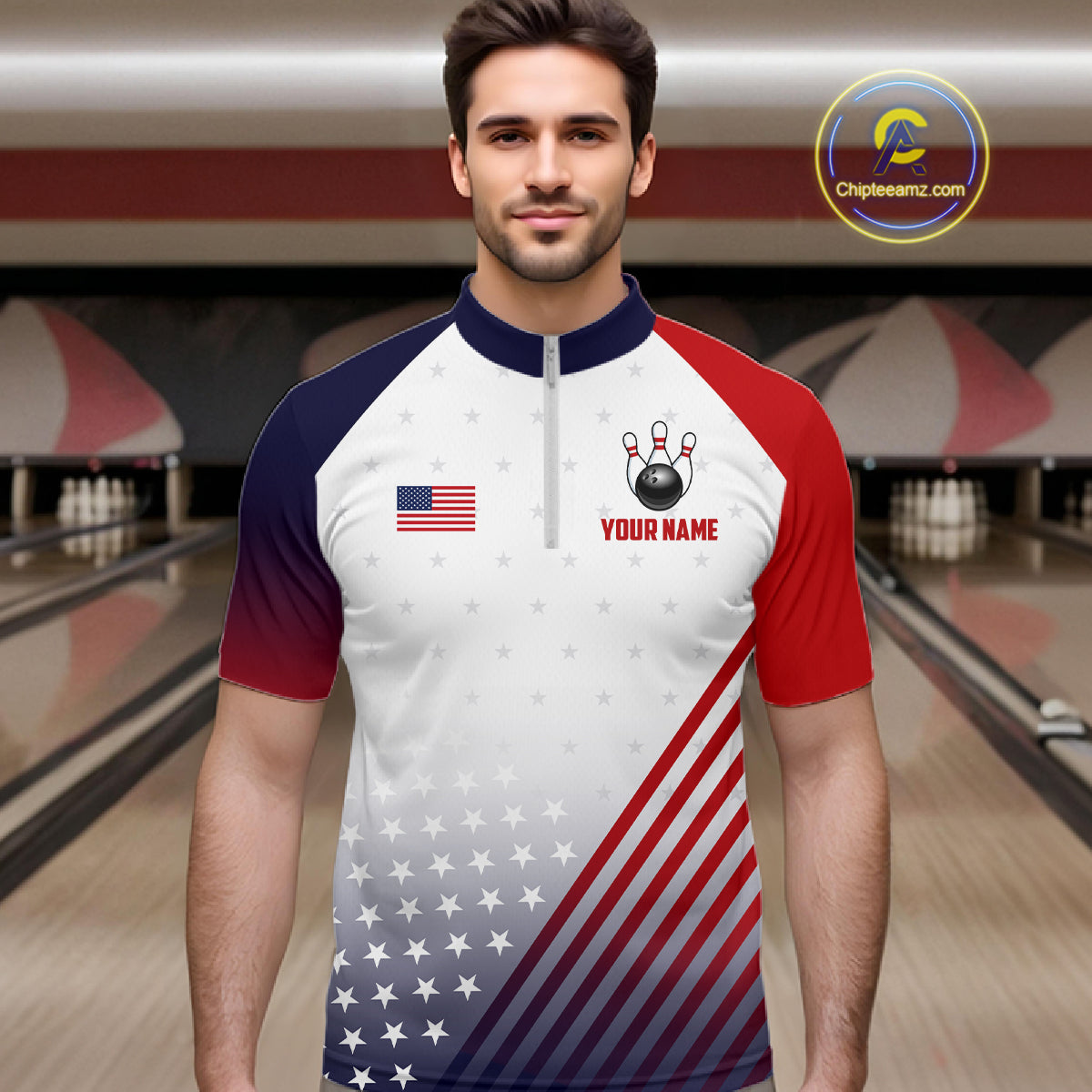 American Flag Bowling Jersey For Men Custom Patriotic Bowling Shirt Team Polo & 1/4 Zip |White TDM5971