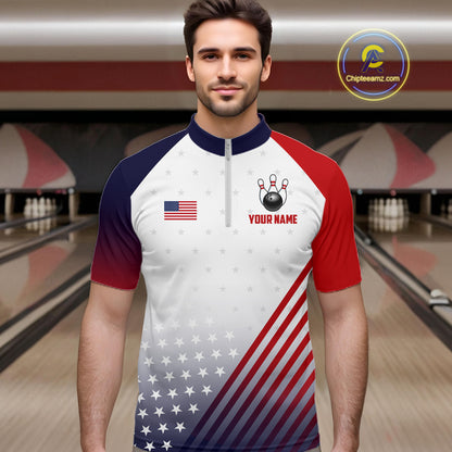 American Flag Bowling Jersey For Men Custom Patriotic Bowling Shirt Team Polo & 1/4 Zip |White TDM5971