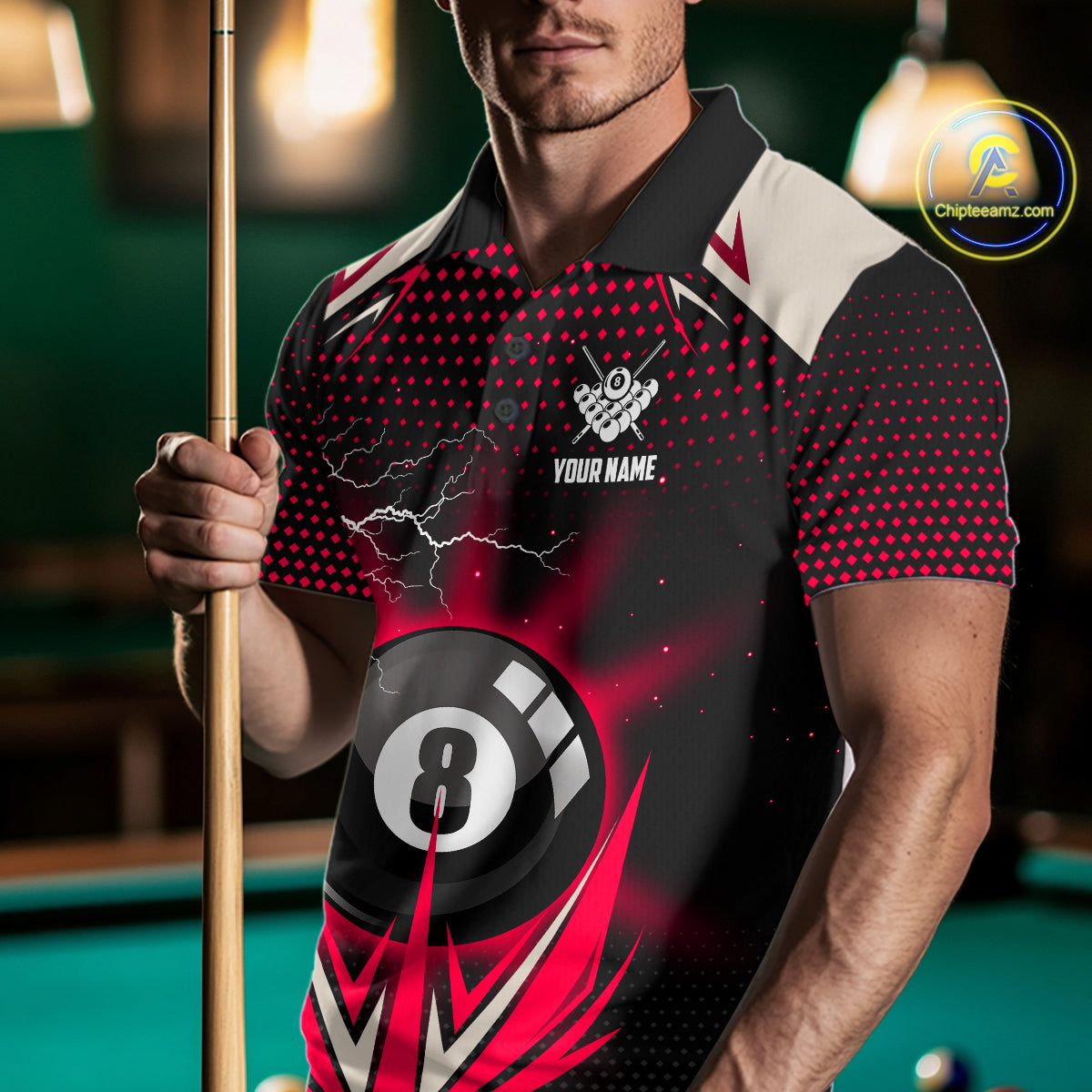 Red 8 Ball Pool Billiard Jersey For Men Custom Lightning Billiard Team Shirt Polo & Quarter Zip TDM6136
