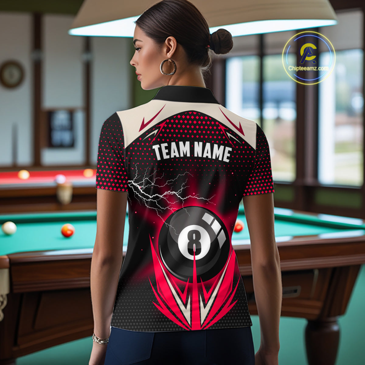 Red 8 Ball Pool Billiard Jersey For Women Custom Lightning Billiard Team Shirt Polo & Quarter Zip TDM6136