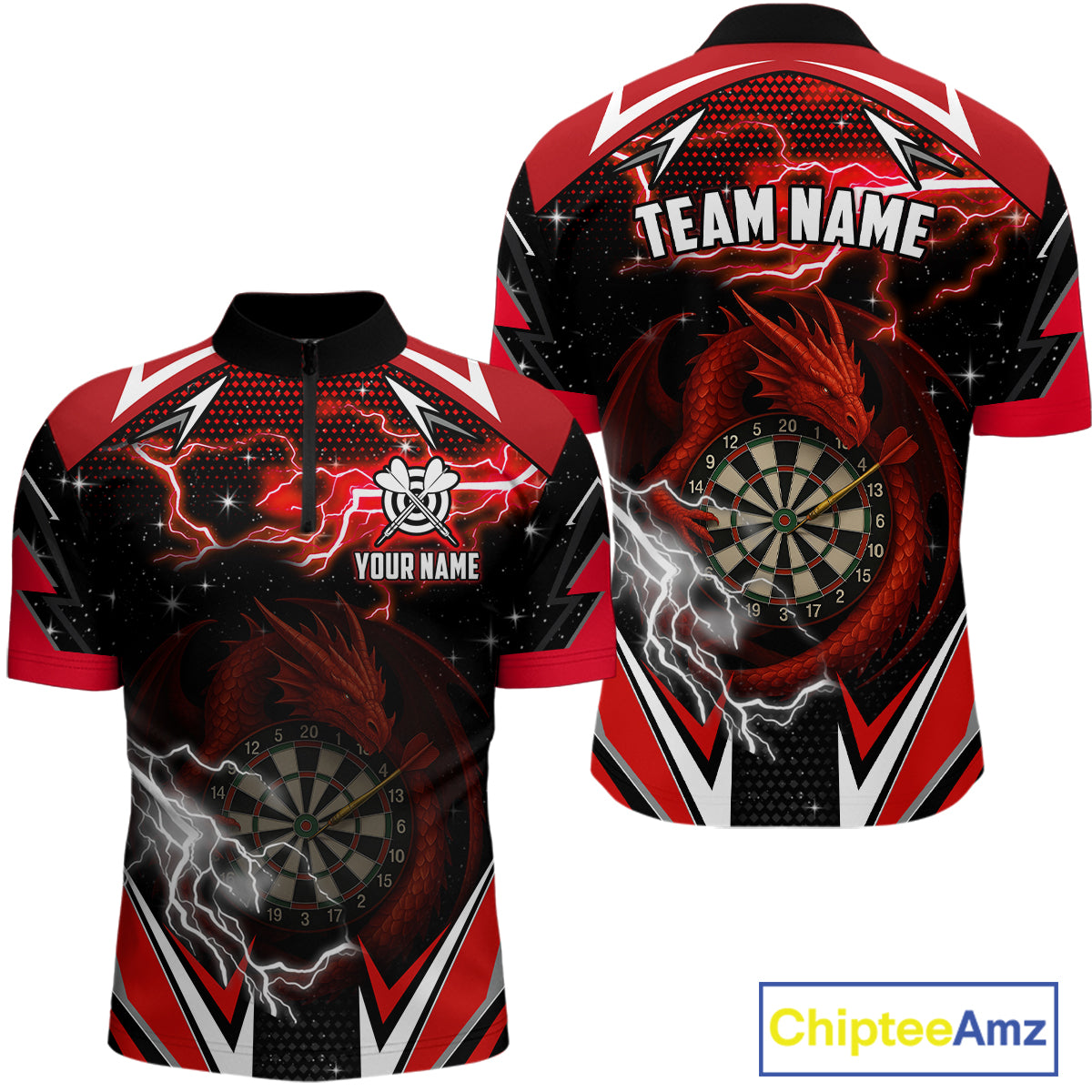 Personalized Dragon Dart Shirts For Men – Custom Thunder Red Darts Team Jerseys Polo & Quarter Zip TDM4037