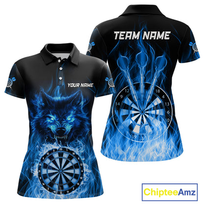 Custom Wolf Dart Shirts For Women – Fire Flame Dartboard Darts Team Jerseys Polo & Quarter Zip |Blue TDM4043