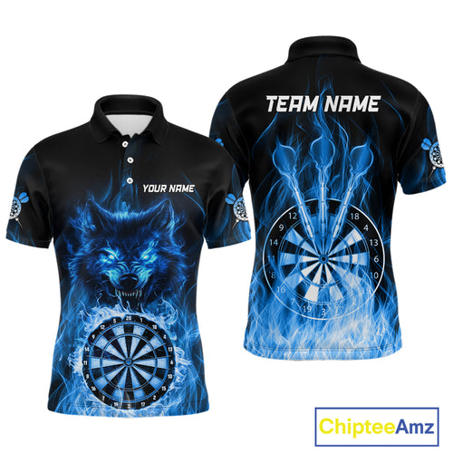 Custom Wolf Dart Shirts For Men – Fire Flame Dartboard Darts Team Jerseys Polo & Quarter Zip |Blue TDM4043