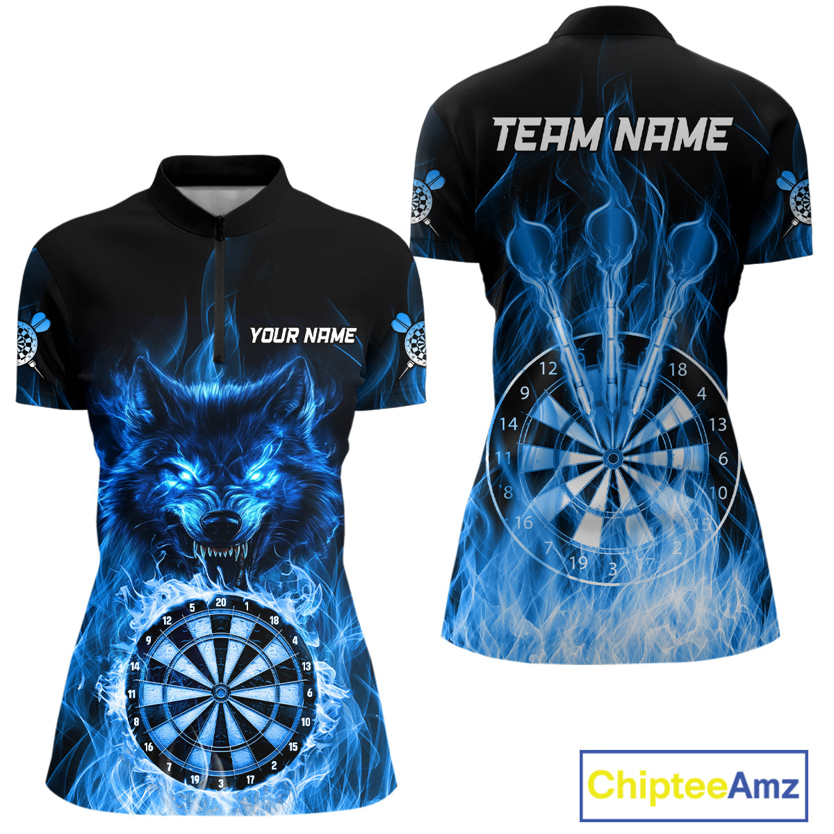 Custom Wolf Dart Shirts For Women – Fire Flame Dartboard Darts Team Jerseys Polo & Quarter Zip |Blue TDM4043