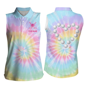 Colorful Tie Dye Womens Sleeveless Polo Shirt Custom Golf Ball With Heart Golf Outfit For Ladies TDM1865