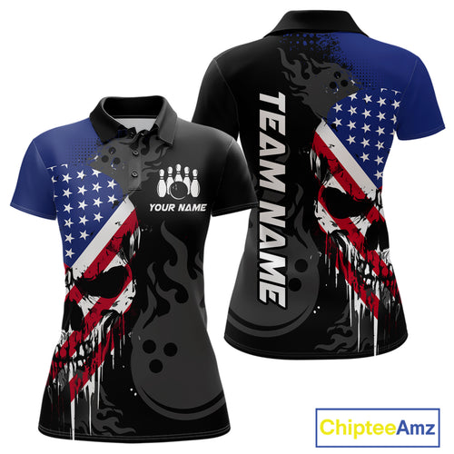 Custom Grunge American Flag Skull Bowling Shirt For Women, Patriotic Bowling Jersey Polo & 1/4 Zip  TDM4636