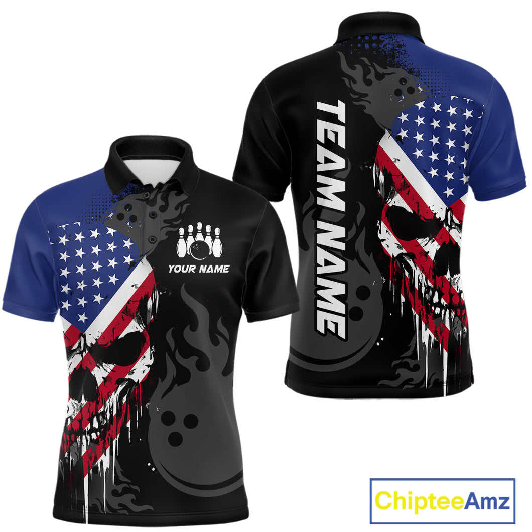 Custom Grunge American Flag Skull Bowling Shirt For Men, Patriotic Bowling Jersey Polo & 1/4 Zip  TDM4636