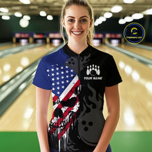 Load image into Gallery viewer, Custom Grunge American Flag Skull Bowling Shirt For Women, Patriotic Bowling Jersey Polo &amp; 1/4 Zip  TDM4636