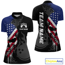 Load image into Gallery viewer, Custom Grunge American Flag Skull Bowling Shirt For Women, Patriotic Bowling Jersey Polo &amp; 1/4 Zip  TDM4636