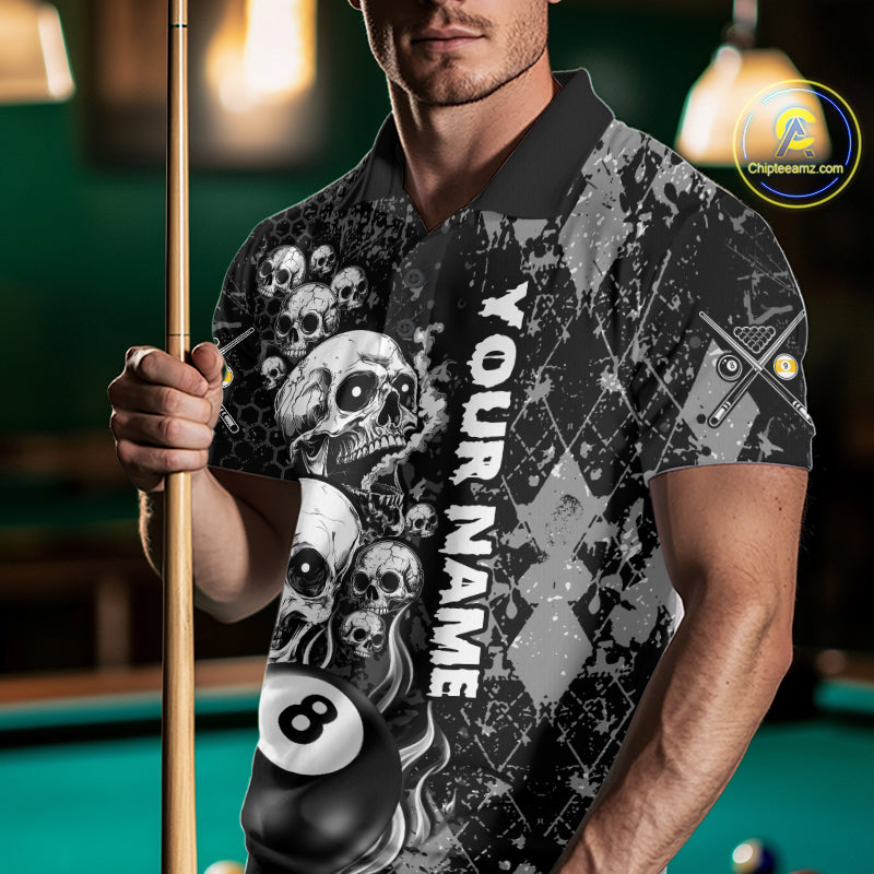 Custom Grunge Argyle Skull Billiard Pool Shirt For Men, 8 Ball & 9 Ball Pool Billiard Team Jersey TDM7315