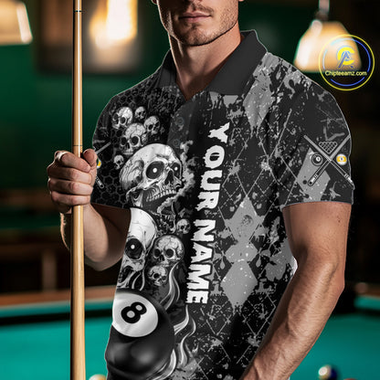 Custom Grunge Argyle Skull Billiard Pool Shirt For Men, 8 Ball & 9 Ball Pool Billiard Team Jersey TDM7315