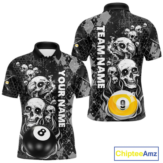 Custom Grunge Argyle Skull Billiard Pool Shirt For Men, 8 Ball & 9 Ball Pool Billiard Team Jersey TDM7315