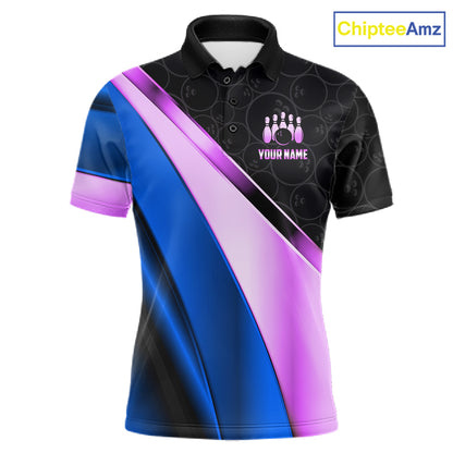 Custom Blue And Purple Bowling Shirts For Men, Bowling League Team Jersey Bowling Tournament Shirt TDM7596