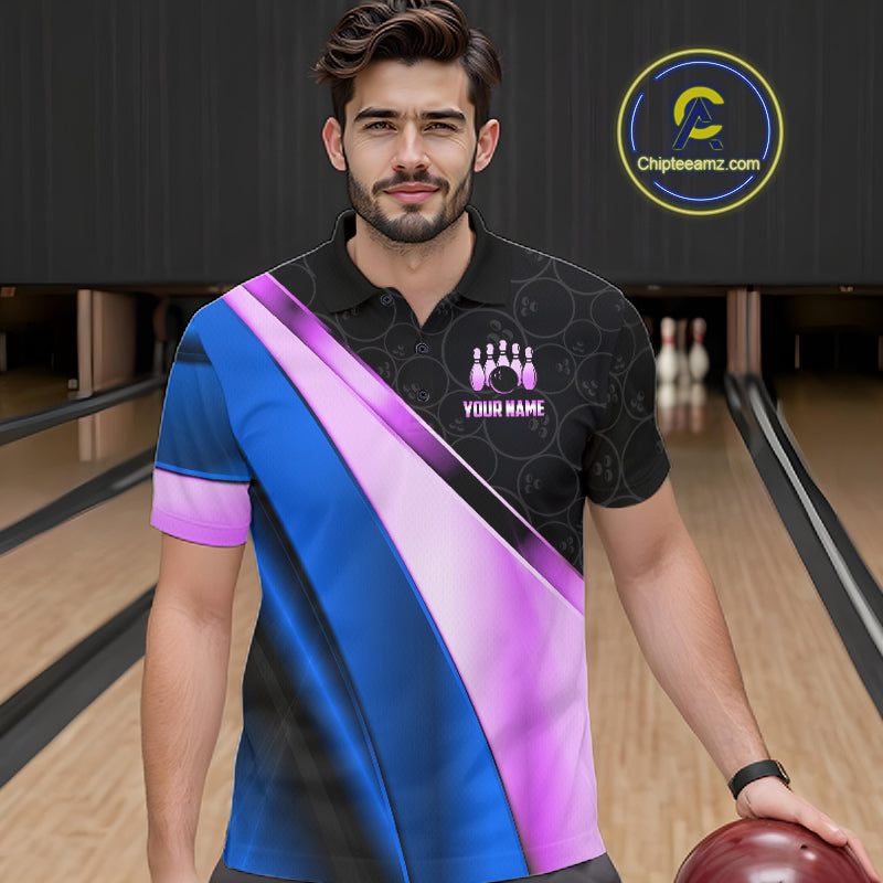 Custom Blue And Purple Bowling Shirts For Men, Bowling League Team Jersey Bowling Tournament Shirt TDM7596