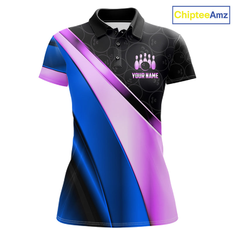 Custom Blue And Purple Bowling Shirts For Women, Bowling League Team Jersey Bowling Tournament Shirt TDM7596