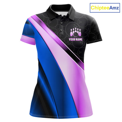 Custom Blue And Purple Bowling Shirts For Women, Bowling League Team Jersey Bowling Tournament Shirt TDM7596