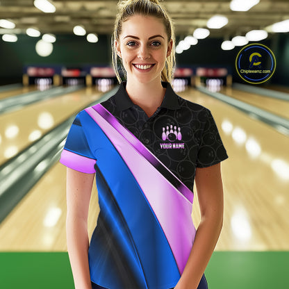 Custom Blue And Purple Bowling Shirts For Women, Bowling League Team Jersey Bowling Tournament Shirt TDM7596