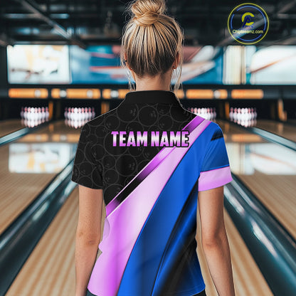 Custom Blue And Purple Bowling Shirts For Women, Bowling League Team Jersey Bowling Tournament Shirt TDM7596