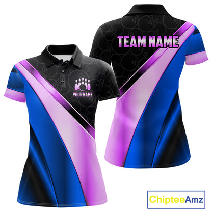 Custom Blue And Purple Bowling Shirts For Women, Bowling League Team Jersey Bowling Tournament Shirt TDM7596