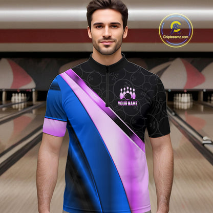 Custom Blue And Purple Bowling Shirts For Men, Bowling League Team Jersey Bowling Tournament Shirt TDM7596