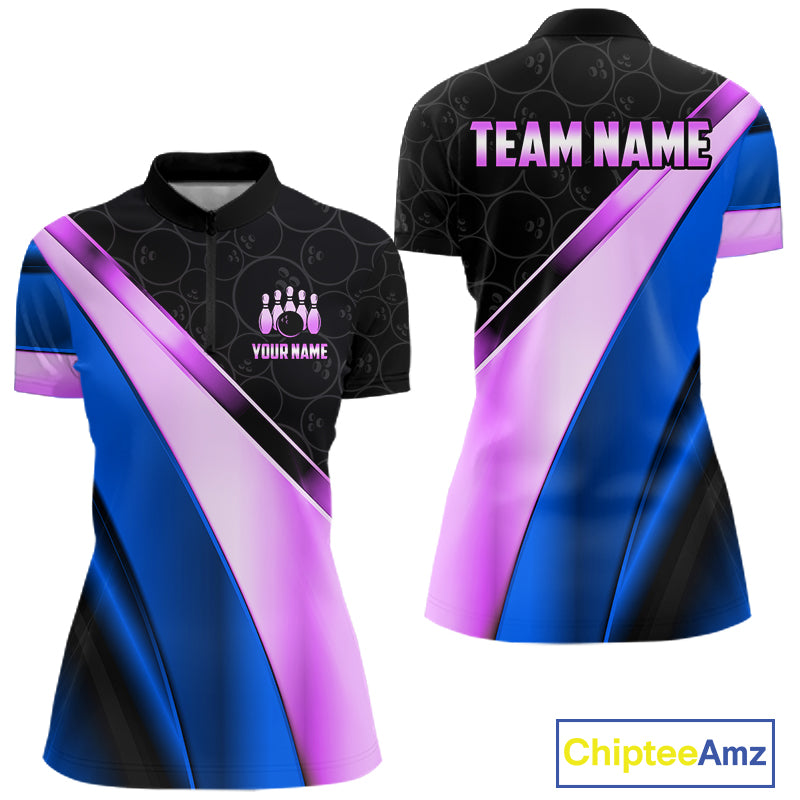 Custom Blue And Purple Bowling Shirts For Women, Bowling League Team Jersey Bowling Tournament Shirt TDM7596